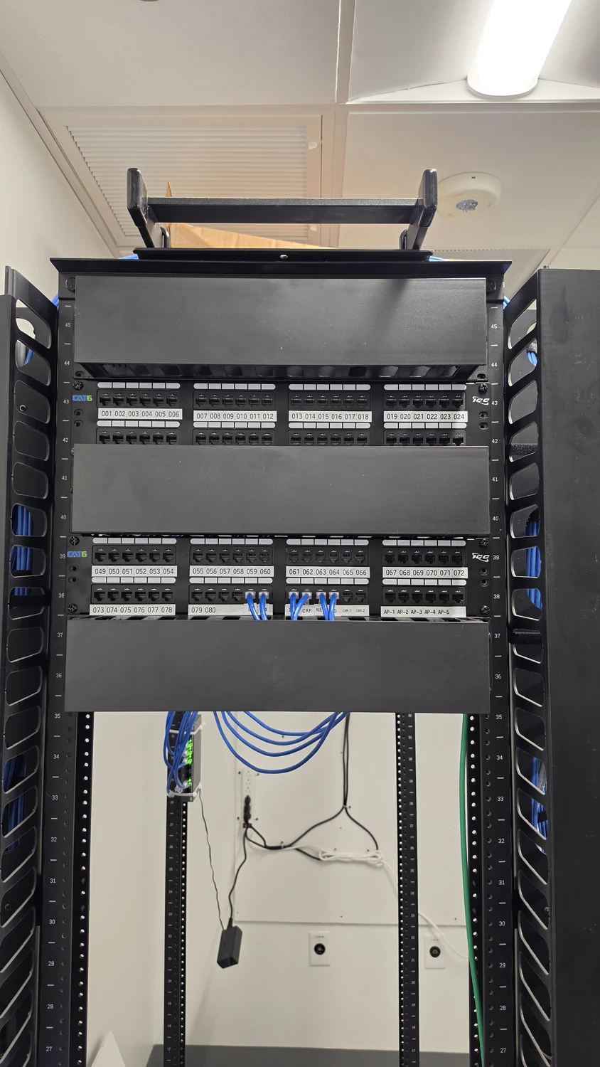 Patch panels and cabling in an open network rack