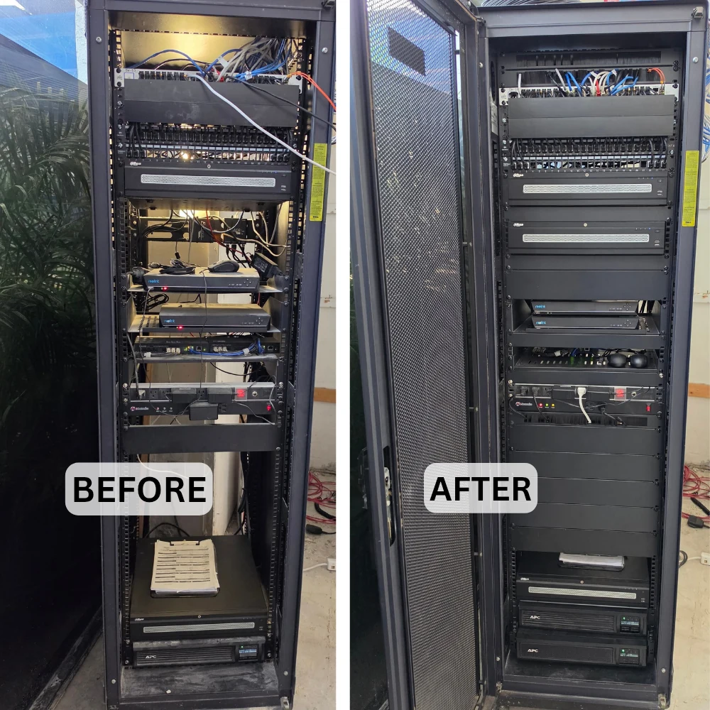 Portfolio before-and-after views of network rack organization